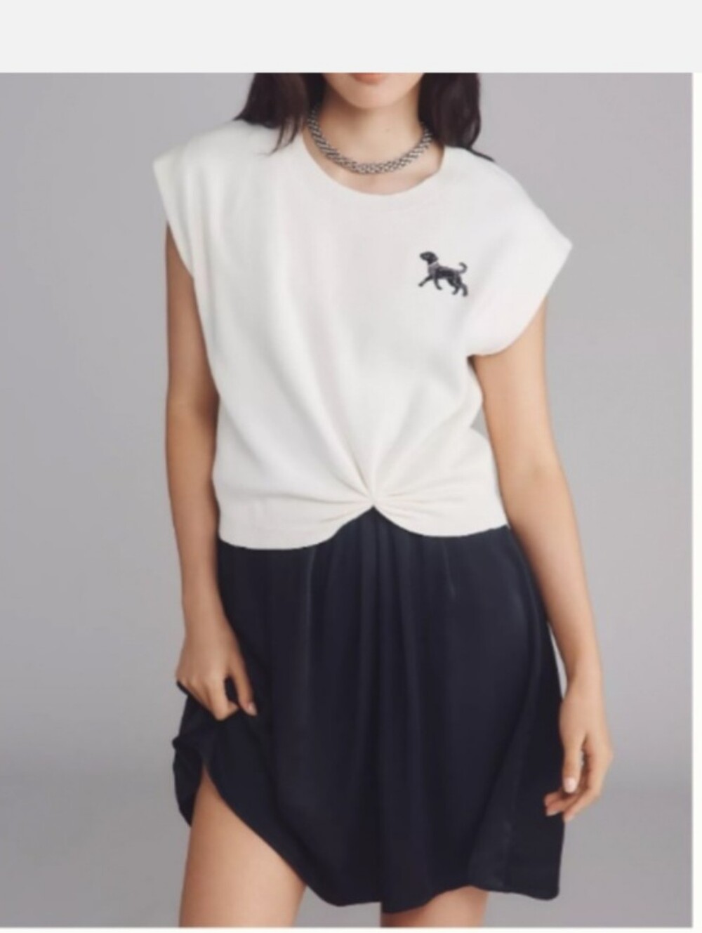 Anthropologie Cream Knot-Front Sweater Tank with Black Dog Embroidery